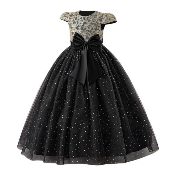 VNKIDY Girls Carnival Dress Kids Formal Short Sleeve Lace Bodice Glitter Tulle Skirt Velvet Bow Decor Flared Ball Gown Dress For Wedding Party Holiday Special Occasions Stylish Dress