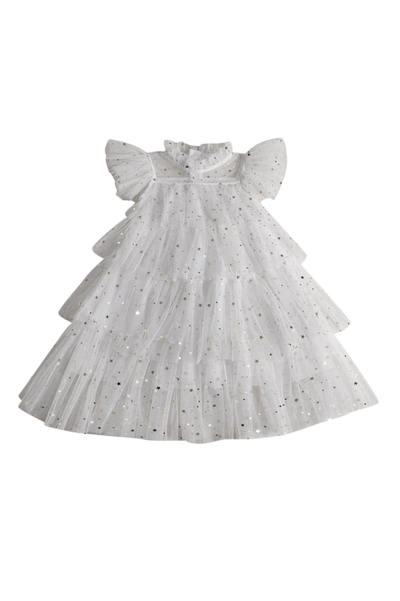 Girls Carnival Dress Kids Gold Star Glitter Prints Tutu Dress Tiered Ruffled Sleeve Collared Multi Layer Tulle Flared Dress For Party Holiday Wear Casual Dress