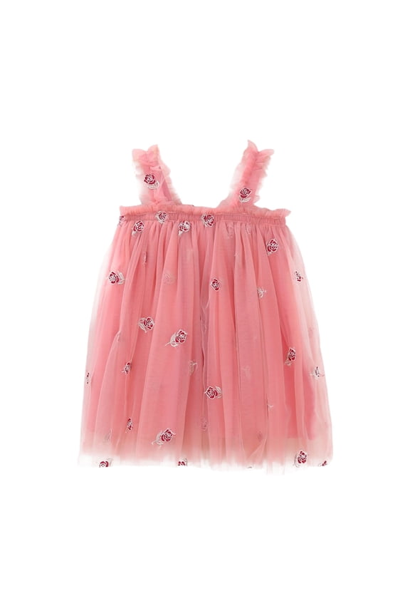 Girls Carnival Dress Kids Ruffled Strap Rose Embroidery Pattern Tutu Dress Multi Layer Tulle Elastic Waist Flared Dress For Party Holiday Special Occasions Wear Soft Dress