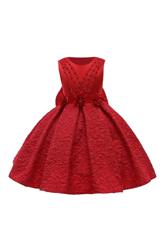 Girls Carnival Dress Kids Sleeveless Crewneck Formal Flared Dress Textured Skirt Beaded Bodice Flower Decor Belt Dress For Party Holiday Special Occasions Wear Casual Dress