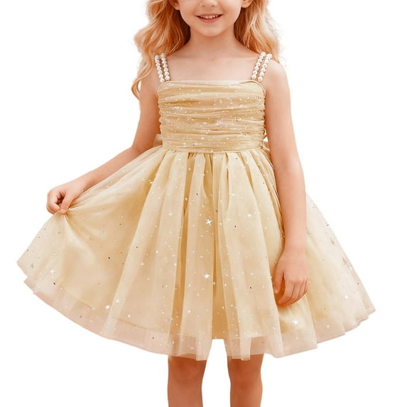 VNKIDY Girls Carnival Dress Kids Solid Color Sleeveless Dress Pearl Strap Star Decor Ruched Bodice Tulle Dress For Party Holiday Special Occasions Daily Wear Soft Dress