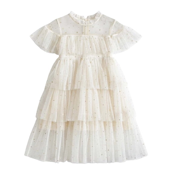 VNKIDY Girls Carnival Dress Toddlers Gold Glitter Decor Tutu Dress Short Sleeve Crewneck Tiered Ruffled Multi Layer Tulle Dress For Party Holiday Wear Casual Dress