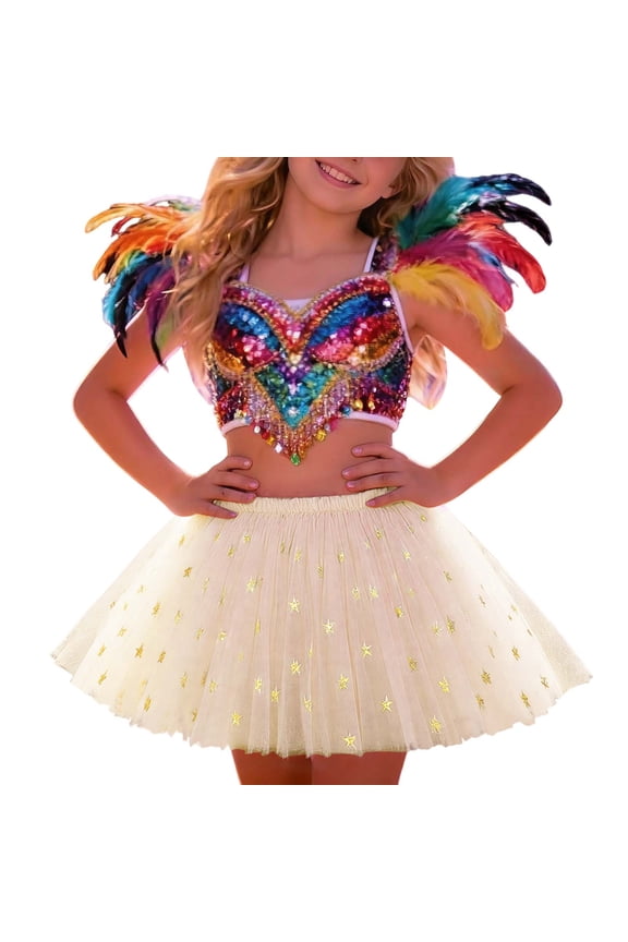 Girls Carnival Skirt Kids Star Pattern Tutu Skirt Pleated Multi Layer Tulle Elastic Waist Skirt For Party Holiday Special Occasions Daily Wear Stylish Bottoms