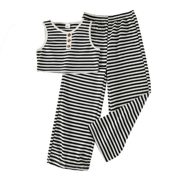 VNKIDY Girls Children Fashion Striped Sleeveless Pullover Tops And Bottom Sets With Trousers Outfits Sets Soft