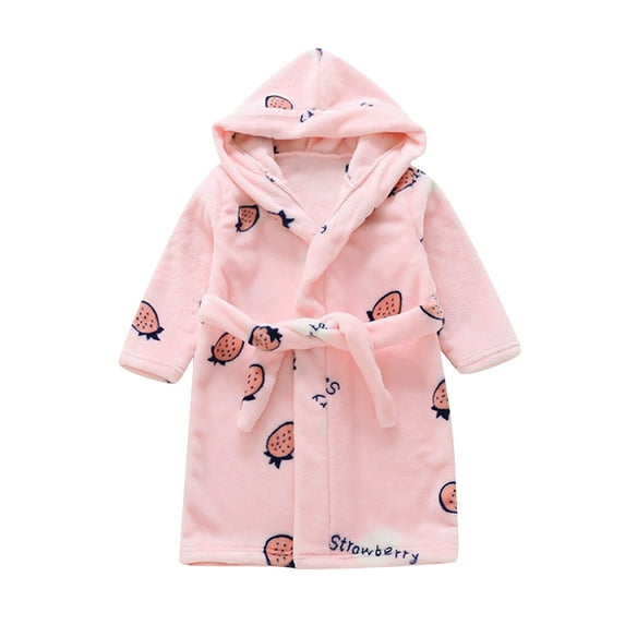 VNKIDY Girls Coat Autumn Winter Baby Plush Strawberry Prints Robe Hooded Long Sleeve Coat With Belted Waist For Cold Weather Leisure Outerwear