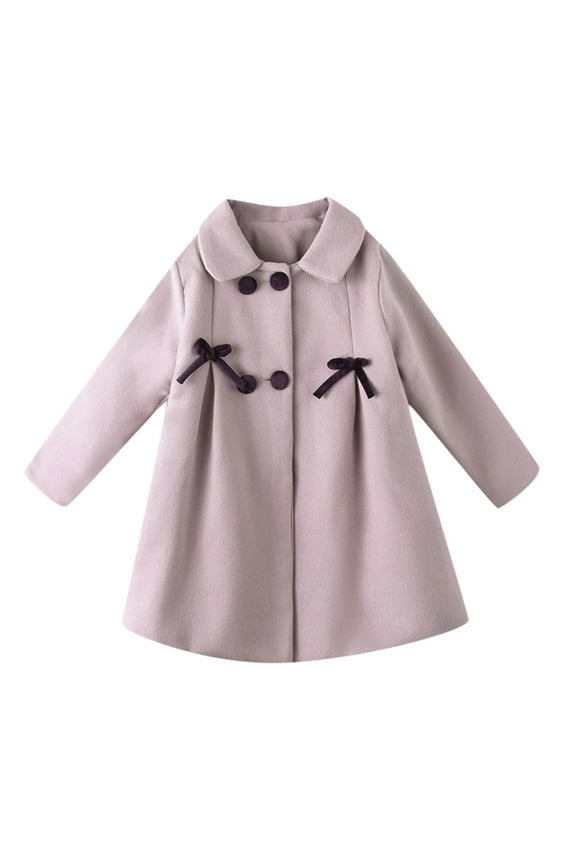 Girls Coat Autumn Winter Solid Color Lilac Plush Coat With Bow Embellishments Long Sleeve Collared Button Down Coat For Casual Daily Wear Fashionable Outerwear
