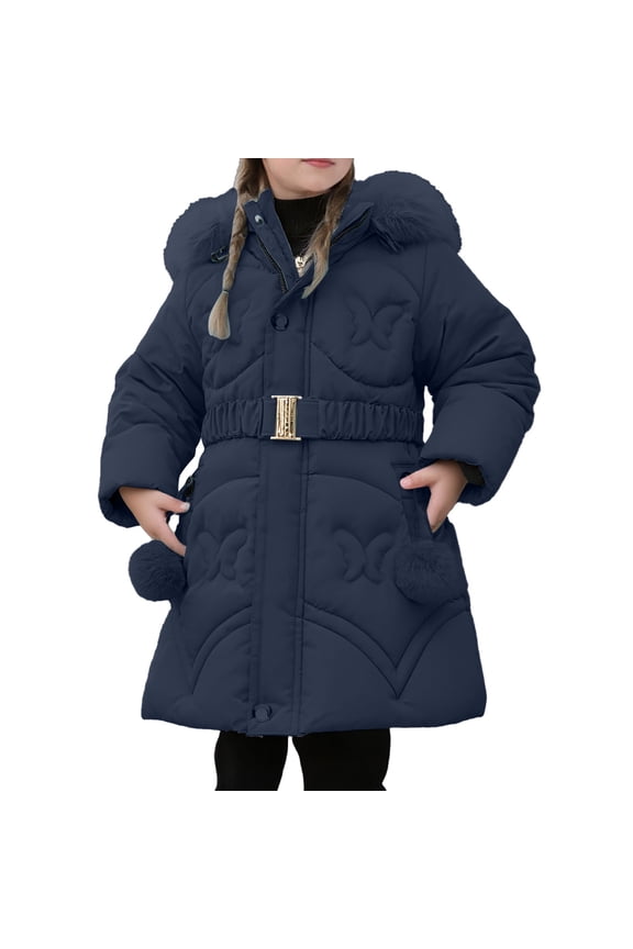 Girls Coat Autumn Winter Toddler Solid Color Puffer Coat With Hood Poms Details Long Sleeve Full Zipper Thermal Jacket With Embellished Belt For Cold Weather Lovely Outerwear