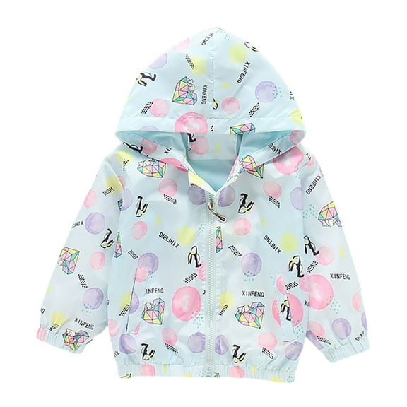 VNKIDY Girls Coat Children Fashion Cute Print Hooded Long Sleeve Hacket Zipper Hooded Windproof Coat Windbreaker Leisure Tops