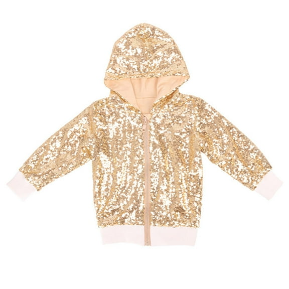 VNKIDY Girls Coat Sequin Jackets Girls Solid Color Long Sleeve Zip Up Hooded Coat For Kids Xmas Shiny Fashion Clothes Classic Tops