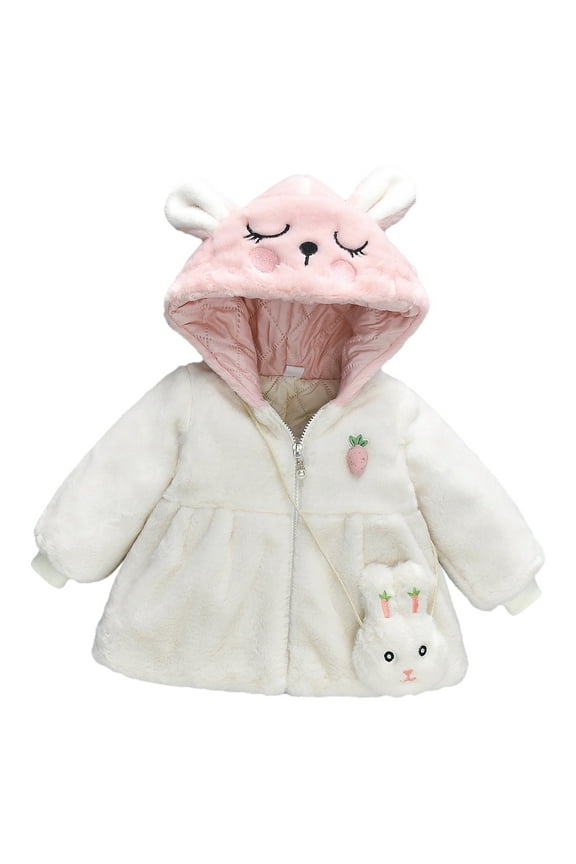 Girls Coat Winter Children Kids Bunny Plush Thermal Insulated Jacket Long Sleeve Zipper Hooded Coat For Casual Daily Wear Soft Outerwear