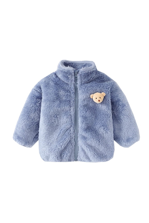 Girls Coat Winter Kids Children Plush Windproof Solid Color Coat Long Sleeve Zipper Standing Collar Jacket With Cute Animals Applique For Daily Wear Trendy Outerwear