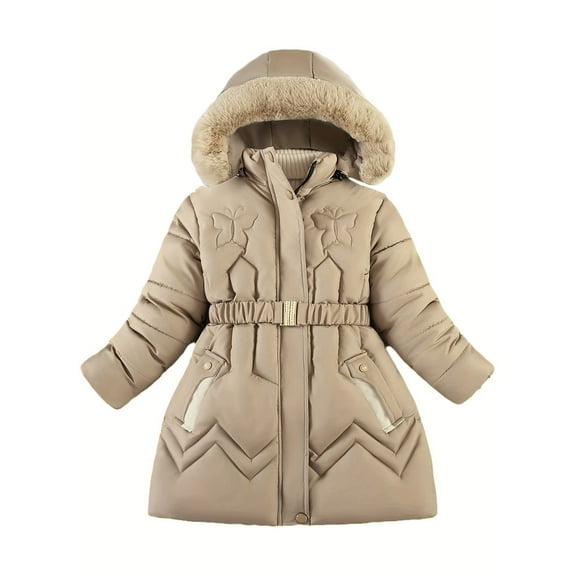 VNKIDY Girls Coat Winter Toddler Solid Color Butterfly Embroidery Puffer Coat With Hood Long Sleeve Button Down Coat With Belted Waist For Cold Weather Trendy Outerwear