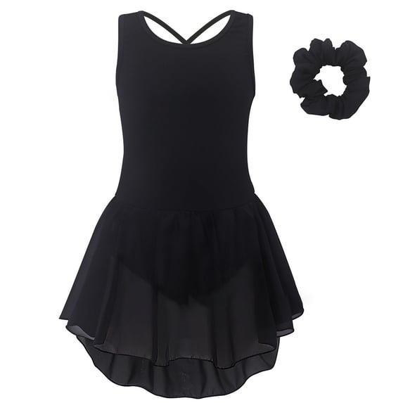 VNKIDY Girls Dance Dress Kids Solid Color Sleeveless Ballet Dress Criss Cross Back Layered Chiffon Skirt Dress Matching Scrunchie For Dance Practice Black 7-8 Years