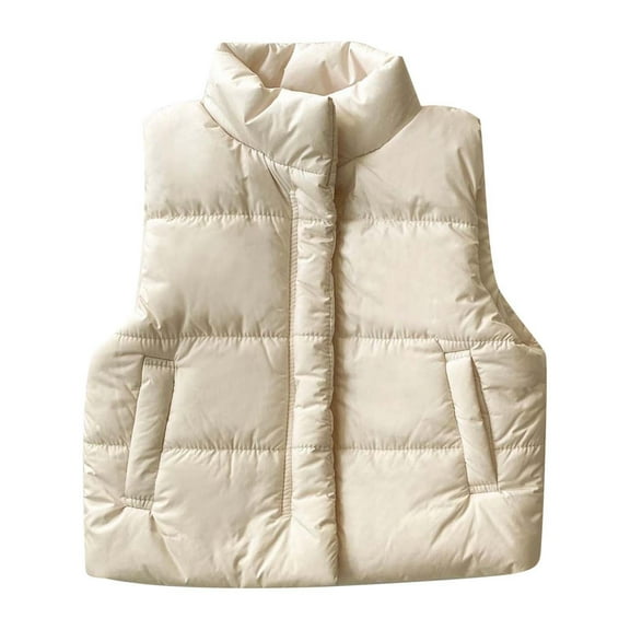VNKIDY Girls Down Autumn Winter Kids Fashion Solid Color Vest Sleeveless Zipper Standing Collar Warm Coat With Pockets Fashionable Outerwear