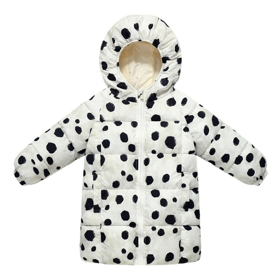 VNKIDY Girls Down Jacket Kids Puffer Long Sleeve Coat With Polka Dot Print Hooded Winter Jacket For Children Warm Windproof Outerwear Cozy Tops