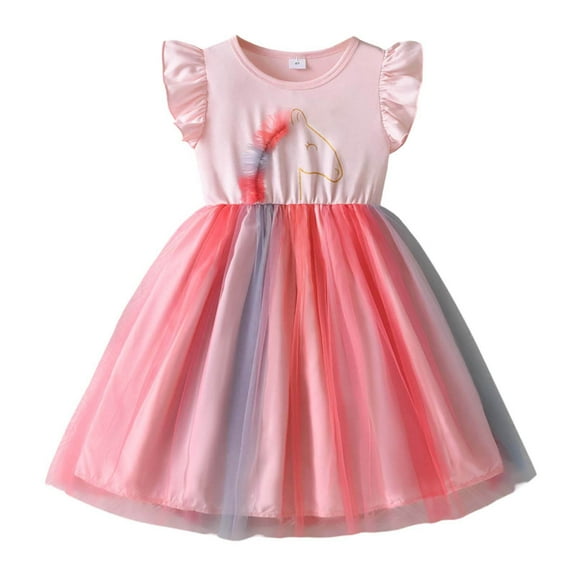 VNKIDY Girls Dress Adorable Kids Toddlers Unicorn Print Dress With Ruffled Flutter Sleeves Colorful Tulle Skirt For Princess Themed Parties Daily Wear Cute Dress