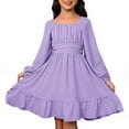 thumbnail image 1 of VNKIDY Girls Dress Kids Elegant Solid Color Long Sleeve Dresses Square Neck Ruched Bodice Flared Skirt For Daily Wear Festive Occasions Lovely Dress, 1 of 5