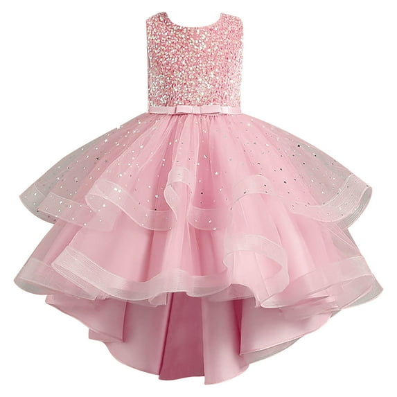 VNKIDY Girls Dress Kids Elegant Solid Color Sleeveless Dress Sequin Bodice Bow High-Low Ruffled Skirt For Formal Events Festive Occasions Fashionable Dress