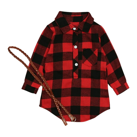 VNKIDY Girls Dress Kids Festive Plaid Pattern Shirt Dress Lapel Belt Detail Long Sleeve Design Dress For Holiday Celebrations Casual Daily Activities Trendy Dress