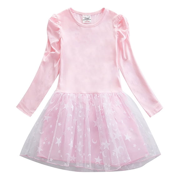 VNKIDY Girls Dress Kids Festive Puff Long-Sleeve Crewneck Dresses Star Print Skirt For Holiday Celebrations Playful Festive Occasions Trendy Dress