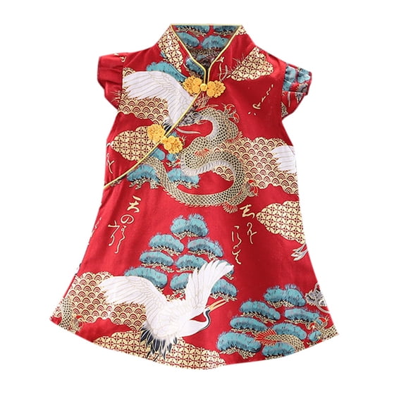 VNKIDY Girls Dress Kids Festive Style Qipao Dress Elastic Waist Design Traditional Pattern Standing Collar Dress For Traditional Celebrations Daily Wear Trendy Dress