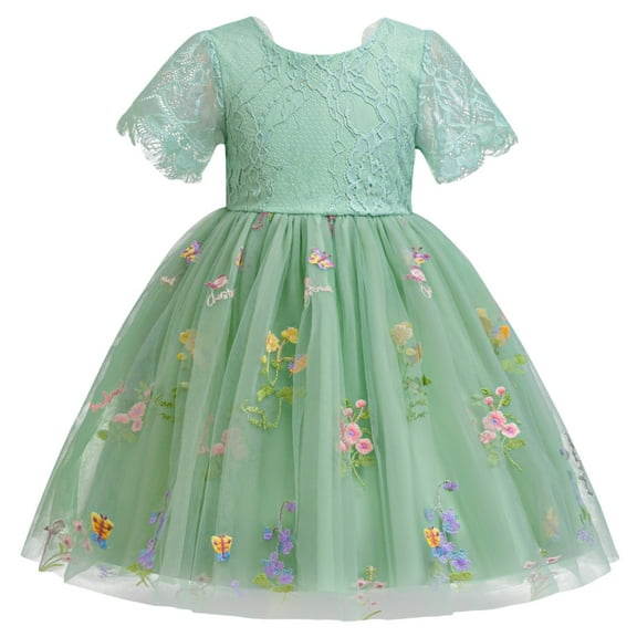 VNKIDY Girls Dress Kids Lace Dress With Floral Butterfly Embroidery Short Lace Sleeves Cute Dress With Tulle Skirt For Formal Occasions Stylish Dress