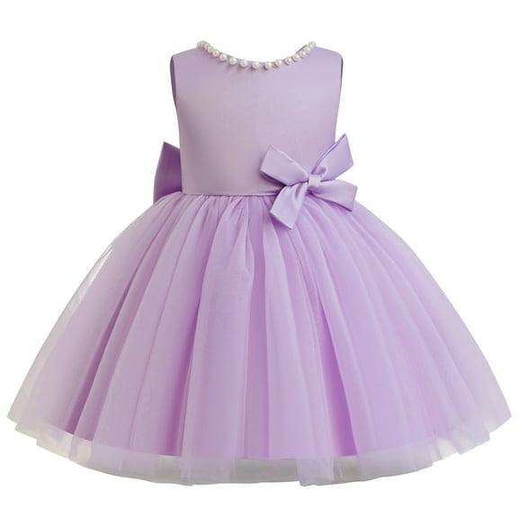VNKIDY Girls Dress Kids Lavender Sleevesless Tulle Dress With Pearl Neckline Large Satin Bow Fluffy Skirt For Birthday Parties Formal Occasions Lovely Dress