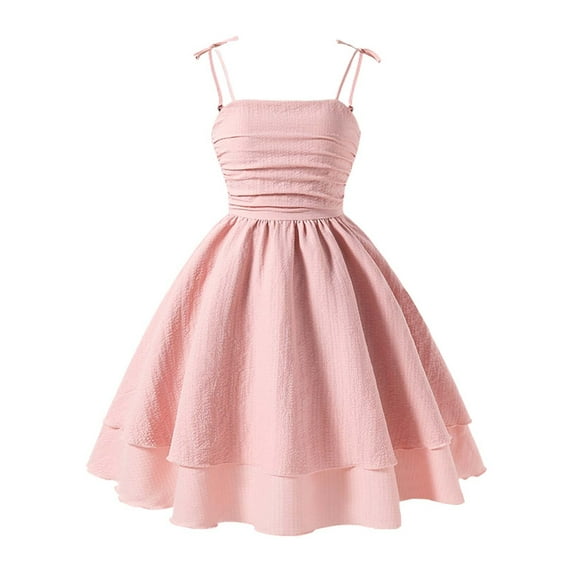 VNKIDY Girls'Dress Summer Kids Spaghetti Strap Ruched Party Dress Sleeveless Solid Color A Line Ruffle Hem Princess Dress For Birthday Holiday Wear Fashionable Dress