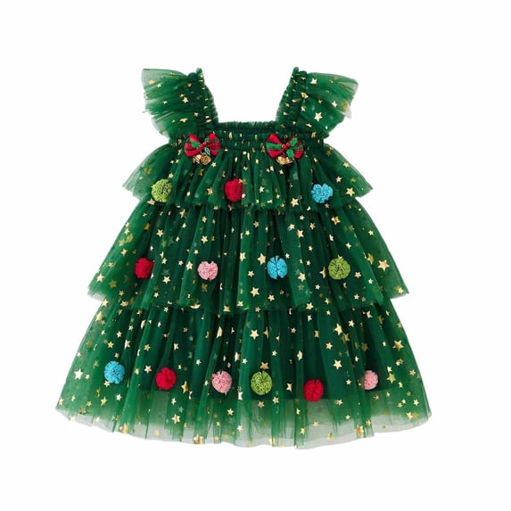 VNKIDY Girls Dress Toddler Kids Tulle Christmas Dress With Gold Star Print Colorful Poms Ruffled Flutter Sleeves For Holiday Parties Xmas Celebrations Classic Dress