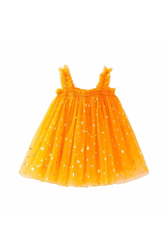 Girls Dress Toddlers Festive Star Themed Dresses Solid Color Sleeveless Ruffled Straps Gold Star Details Dress For Festive Events Daily Outings Classic Dress