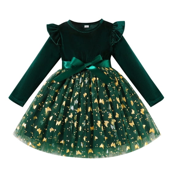 VNKIDY Girls Dresses Christmas Kids Elegant Velvet Butterfly Prints Ruffled Shoulders Long Sleeve Crewneck Dresses With Tulle Skirt Bow Belt For Holiday Parties Festive Occasions. Cute Dress