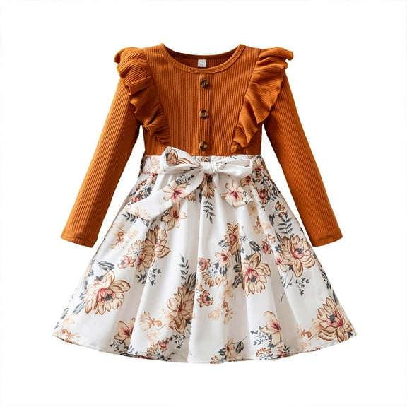 VNKIDY Girls Dresses Fall Winter Kids Children Charming Floral Prints Long Sleeve Crewneck Dress With Ruffled Shoulders Bow Belt For Sweet Occasions Cute Dress