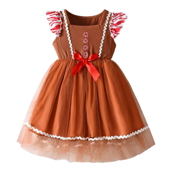 VNKIDY Girls Dresses Toddler Xmas Gingerbread Man Inspired Dress Brown Tulle Dress With Button Bow Accents Ruffled Short Sleeve Festive Party Dress For Holiday Season Stylish Dress