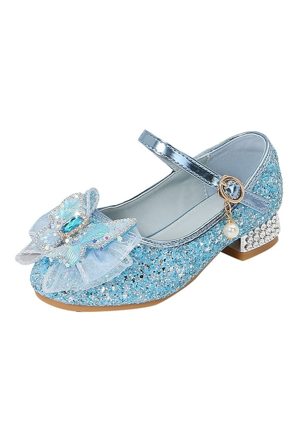 Girls Glitter Mary Jane Pumps With Flower Rhinestone Pearl Charm Scalloped Edge Soft Cushioned Insole Buckle Closure Sandals For Party Daily Wear Blue 4-4.5 Years