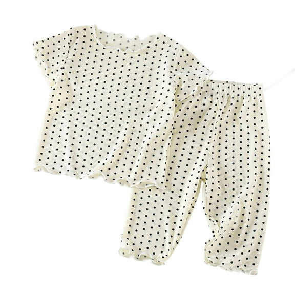 VNKIDY Girls Homewear Outfit Kids Polka Dot Homewear Set Short Sleeve Ruffled Crewneck Top Elastic Waist Pants Soft Nightwear For Casual Daily Home Activities Fashionable Set