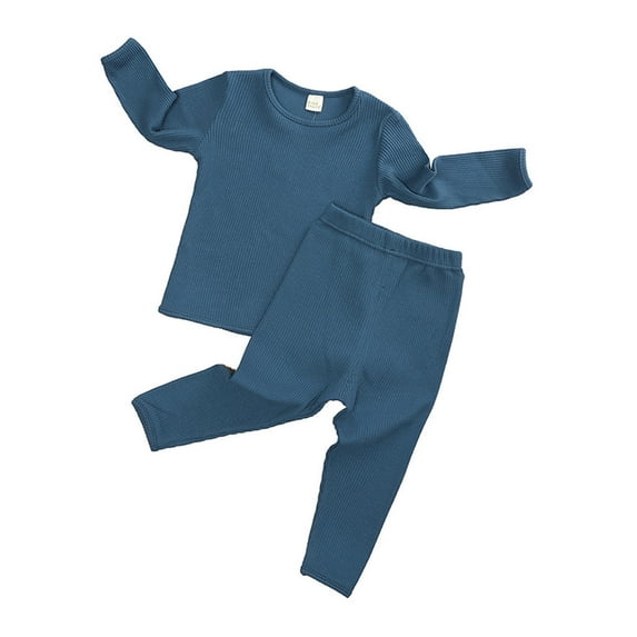 VNKIDY Girls Homewear Outfit Kids Ribbed Solid Color Homewear Set Long Sleeve Crewneck Top Elastic Waist Pants Soft Comfortable Nightwear For Casual Daily Home Activities Trendy Set