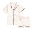 thumbnail image 1 of VNKIDY Girls Homewear Outfit Kids Solid Color Homewear Set Short Sleeve Lapel Button Front Top Elastic Waist Shorts Contrast Trim Smooth Nightwear For Cool Casual Daily Home Activities Casual Set, 1 of 9