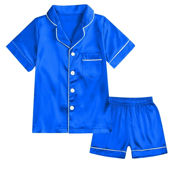 VNKIDY Girls Homewear Outfit Kids Solid Color Homewear Set Short Sleeve Lapel Button Front Top Elastic Waist Shorts Contrast Trim Smooth Nightwear For Cool Casual Daily Home Activities Versatile Set