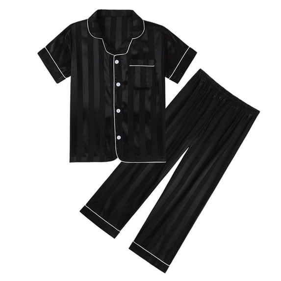 VNKIDY Girls Homewear Outfit Kids Striped Short Sleeve Homewear Set Lapel Button Front Top Elastic Waist Pants Contrast Trim Nightwear For Stylish Casual Daily Home Activities Trendy Set