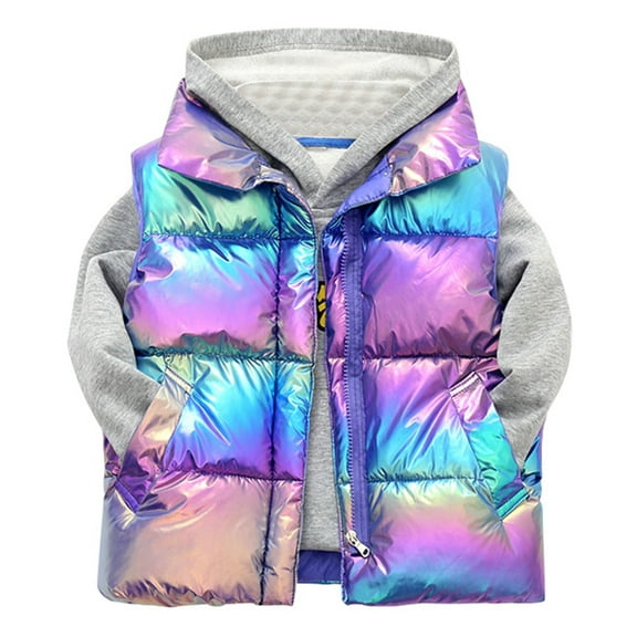 VNKIDY Girls Jacket Kids Shiny Metallic Finish Puffer Vest Stand Up Collar Warm Full Zip Front With Pockets For Layering Over Hoodies Sweaters For Cool Weather Lovely Outerwear