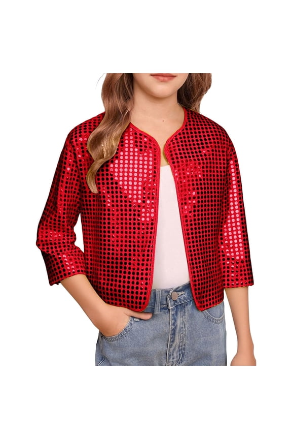 Girls Jacket Solid Color Sequin 3/4 Sleeve Open Front Cropped Jacket Casual Fit Party Blazer For Kids Youth Daily Going Out Wear Classic Top