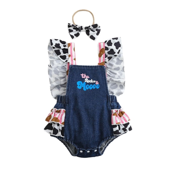 VNKIDY Girls Jumpsuit Outfit Baby Denim Cow Print Romper Set Ruffle Sleeve With Bow Headband For Casual Daily Wear Trendy Set