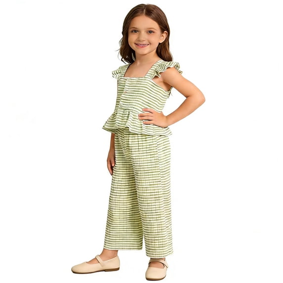 VNKIDY Girls Kids 2 Piece Striped Ribbed Outfit Sleeveless Square Neck Ruffle Strap Peplum Top With Wide Leg Pants For Summer Casual Wear Green 4-5 Years