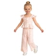 thumbnail image 1 of VNKIDY Girls Kids 2 Piece Striped Ribbed Outfit Sleeveless Square Neck Ruffle Strap Peplum Top With Wide Leg Pants For Summer Casual Wear Pink 4-5 Years, 1 of 7