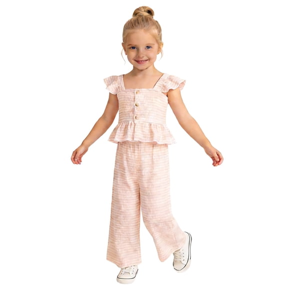 VNKIDY Girls Kids 2 Piece Striped Ribbed Outfit Sleeveless Square Neck Ruffle Strap Peplum Top With Wide Leg Pants For Summer Casual Wear Pink 4-5 Years