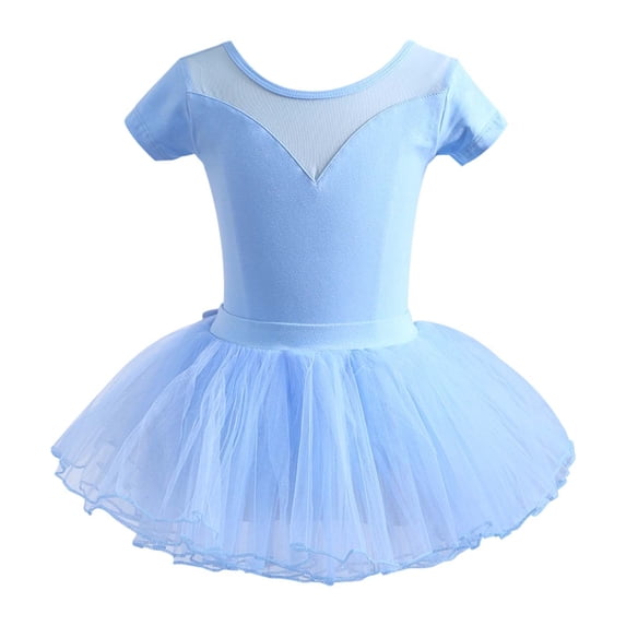 VNKIDY Girls Kids Ballet Tutu Dress Short Sleeve Mesh Neckline Leotard With Tulle Skirt For Dance Recitals Performance Blue 9-10 Years