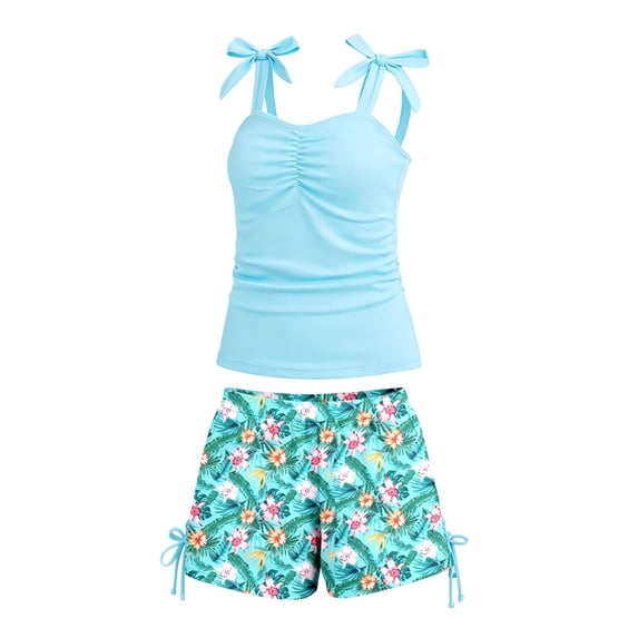VNKIDY Girls Kids Bow Tie Strap Ruched Solid Color Tankini Top Two Piece Swimsuit Set With Tree Print Side Tie Boyshort Bottom For Summer Beach Pool Wear Trendy Swimwear