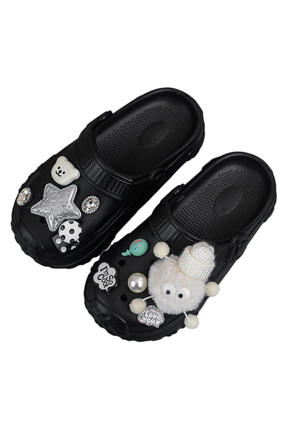 Girls Kids Clogs With 3D Plush Rhinestone Charms Decor Adjustable Heel Strap Breathable Perforated Upper Soft Insole Anti‑Skid Sole Shoes For Daily Wear Black 4-5 Years