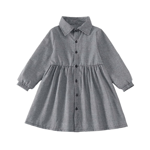 VNKIDY Girls Kids Collared Gingham Shirt Dress Long Puff Sleeve Button Front Flowy A Line Casual Dress For Daily School Wear Lovely Dress
