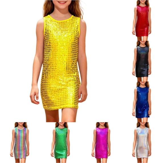 VNKIDY Girls Kids Crew Neck Sleeveless Grid Sequin Straight Dress Slim Fit Sparkly Party Performance Casual Shift Dresses For Child 12-13 Years